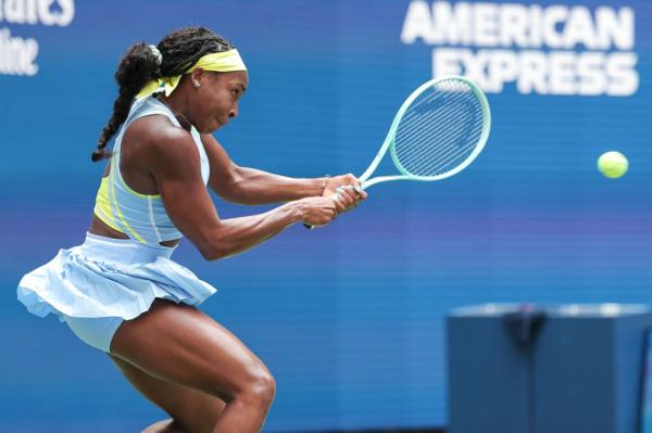 Coco Gauff returns a shot during her US Open match on Aug. 26, 2024. 