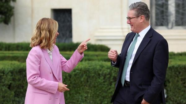 Keir Starmer and Giorgia Meloni meet at Villa Doria Pamphilj in Rome.
Pic: Reuters