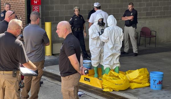 A hazmat crew from the Natio<em></em>nal Guard's Civilian Support Team investigates after a suspicious package was delivered to election officials at the Missouri Secretary of State's Jefferson City, Mo., office on Tuesday Sept. 17, 2024. (AP)