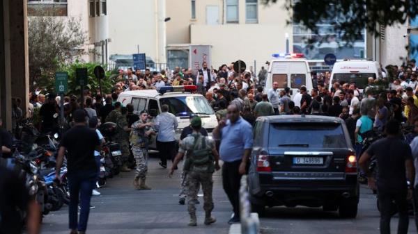 Huge crowds gather outside a hospital in Beirut amid the explosions - it isn't yet clear how many people were injured. Pic: Reuters