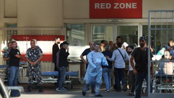 An ambulance arrives at the American University of Beirut Medical Center amid a large number of injured people after pagers began exploding. Pic: Reuters