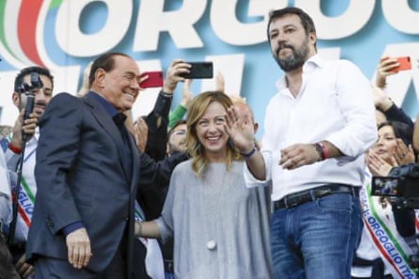 Silvio Berlusconi, Giorgia Meloni and Matteo Salvini at a rally in Rome in 2019.