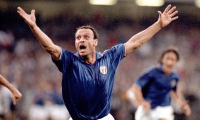 Totò Schillaci celebrates after scoring for Italy against Argentina in the Italia 90 semi-final.