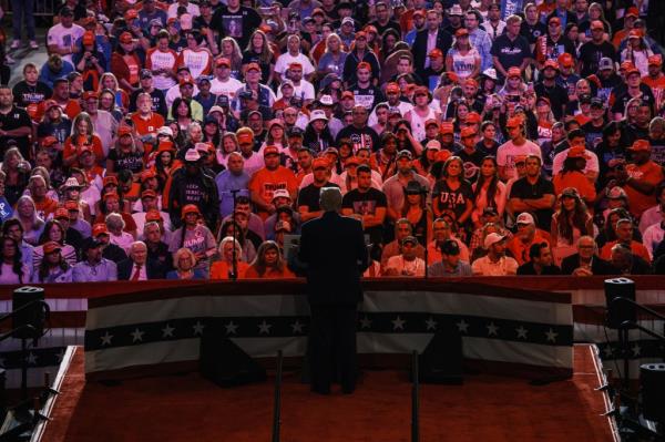 Former US president Do<em></em>nald Trump speaks at a campaign rally at Nassau Coliseum in Hempstead, Long Island. 
