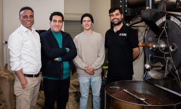 RMIT University researchers Dr Rajeev Roychand, Dr Mohammad Saberian and Dr Shannon Kilmartin-Lynch with Jordan Carter, Co-founder of the Indigenous-owned Talwali Coffee Roasters (pictured left to right). Credit: Carelle Mulawa-Richards, RMIT University