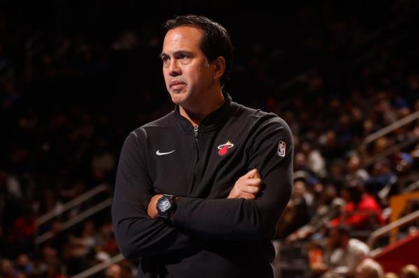 Miami Heat Head Coach Erik Spoelstra looks on during the Emirates NBA Cup game on November 12, 2024 at Little Caesars Arena in Detroit, Michigan.