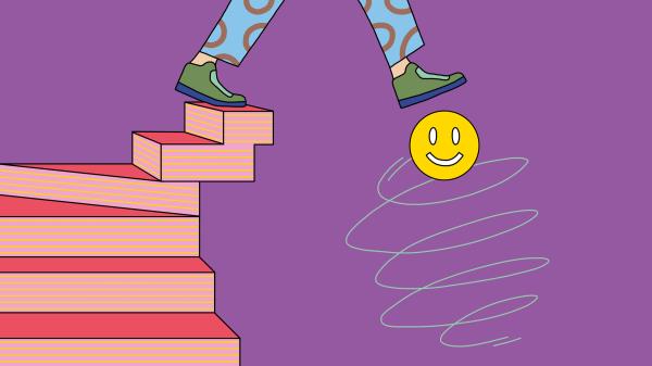 An illustration of a person walking off a series of steps with one foot a<em></em>bout to buoyed up by a happy face.