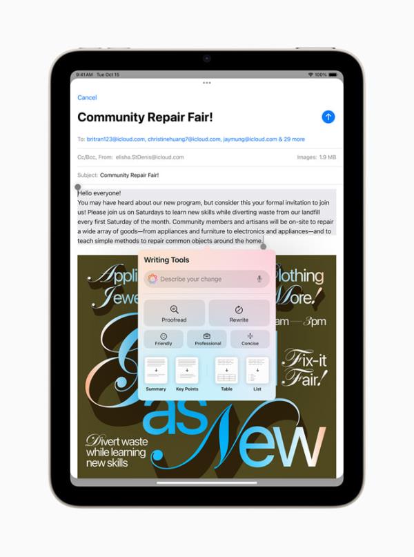 Apple Intelligence Writing Tools are shown on iPad mini.
