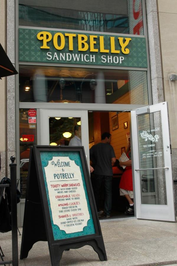 Signage of Potbelly Sandwich Shop on East 44th Street, New York City, captured in September 2011