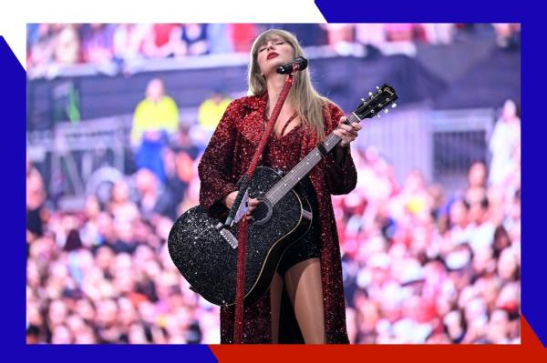 Taylor Swift takes in the moment while playing guitar o<em></em>nstage and wearing a sparkly, red sequined dress.