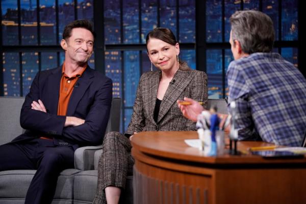 Hugh Jackman and Sutton Foster on "Late Night with Seth Meyers" in May 2022