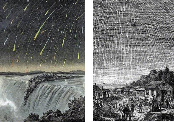 Etchings of meteors as streaks in the sky over Niagara Falls and a scene with people looking up at meteors.