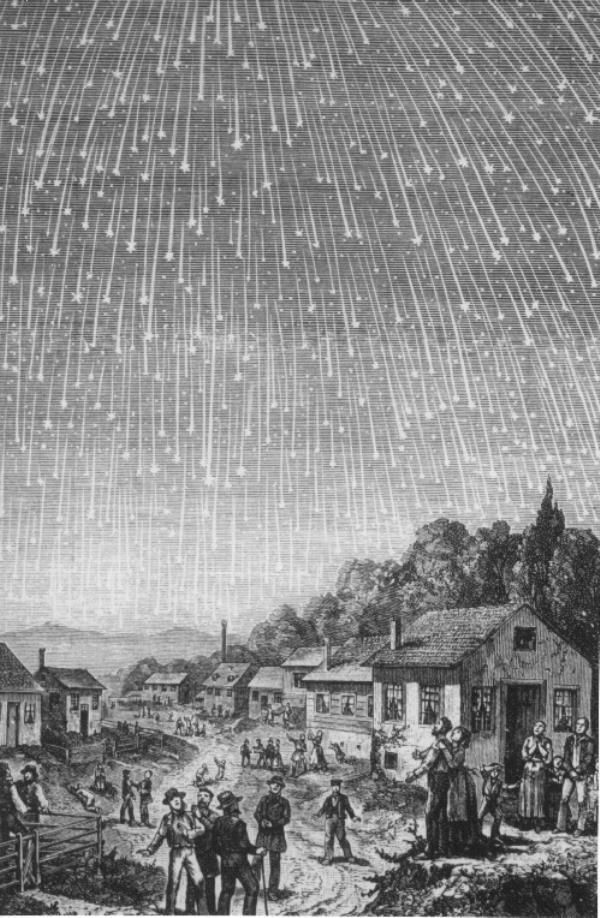 Sky filled with very, very many stars with long streaks for each; 1830s people out looking up.