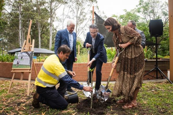 A group of people planting a cutting of a Frangipani tree