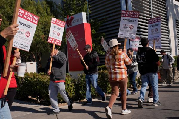 Members of the Culinary Workers Unio<em></em>n picket in front of the Virgin Hotels Las Vegas on Nov. 15, 2024 in Las Vegas, Nevada.