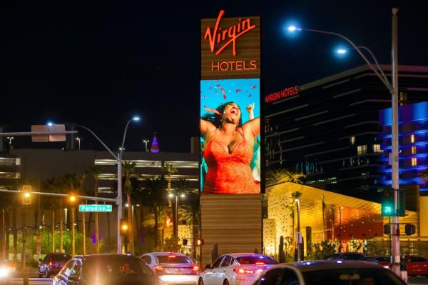 The Virgin Hotels Las Vegas is illuminated in lights on March 24, 2021.